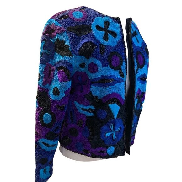 Vtg Rear Life & Style fashions Inc. 100% Pure Silk Ribbon Beaded Sequin Jacket M - Picture 11 of 13